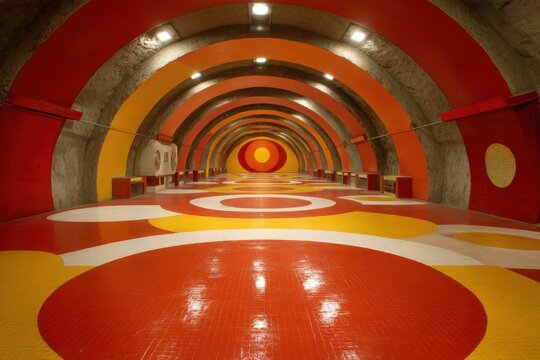 Colorful circular patterns adorn a long, arched concrete tunnel - Powered by Adobe