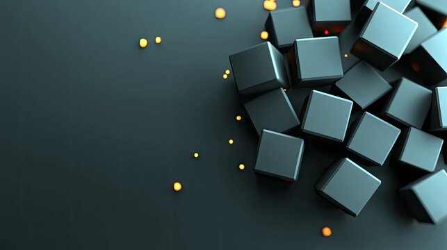 A collection of dark gray cubes are arranged on a dark surface, with small glowing orange particles scattered around them.
