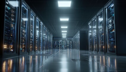 Rows of illuminated server racks receding into a dark, modern data center