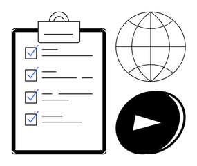 Task checklist with blue checkmarks, globe symbol for global representation, and play button for interactive content. Ideal for productivity, planning, education, global access, online learning