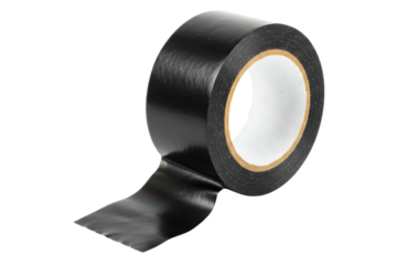Roll of black adhesive vinyl electrical insulating tape on a transparent background