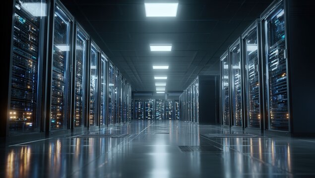 Rows of illuminated server racks receding into a dark, modern data center