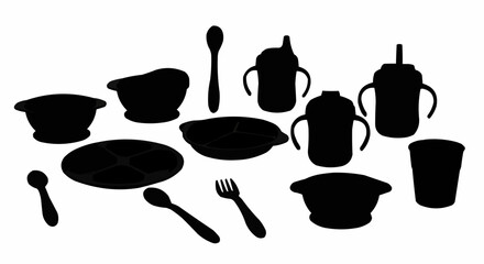 Set of Childrens Dishware and Cutlery Vector Silhouettes.