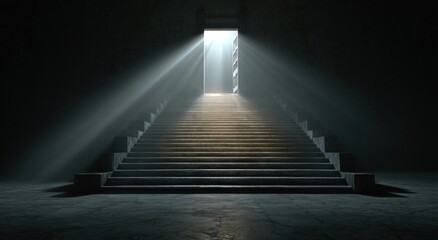 Fototapeta premium Sunlit stairs ascend into an open doorway, casting dramatic light beams