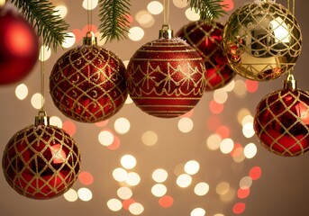 Close-up of red and gold Christmas ornaments hanging against a bokeh light backdrop. Concept for holiday greeting cards, festive season backgrounds and Christmas decoration