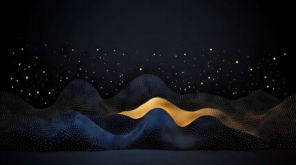 An abstract background featuring undulating waves of blue and gold dots against a dark backdrop with scattered light particles.
