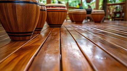 Wooden drums on a wooden deck.