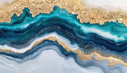 Abstract Ocean Waves with Gold Foil and Teal Blue Tones