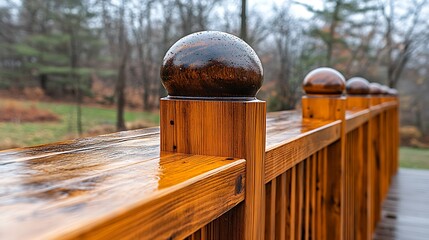 Wooden railing with sphere top with outdoors.