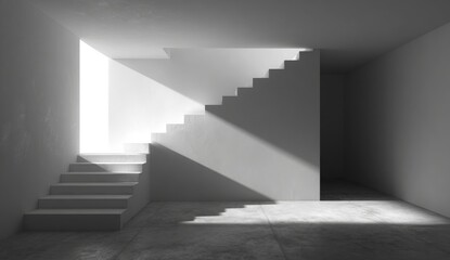 Stark, minimalist interior with stark white staircase and dramatic light