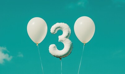 White Number Three Balloon Surrounded by White Balloons on Blue Sky