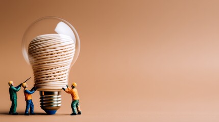 Playful Business Team Collaboration, Miniature figures working on a light bulb sculpture.