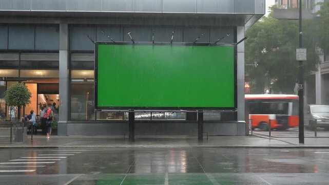 Outdoor Billboard in City with Green Screen Mockup on Rainy Day