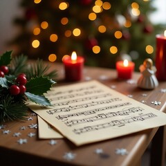 Vintage Christmas Sheet Music Surrounded by Candlelight and Festive Decorations