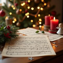Vintage Christmas Sheet Music Surrounded by Candlelight and Festive Decorations