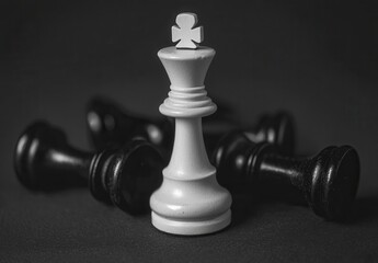 White Chess King Surrounded by Black Pawns in Dark Background