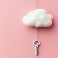 Key Hanging from a Cloud Against a Pink Background for Conceptual Art