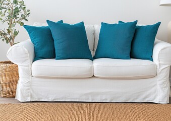 Cozy Modern White Sofa with Turquoise Cushions in Bright Living Room