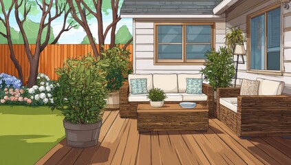 Cozy deck with seating, potted plants, and blooming flowers