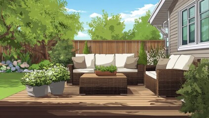 Cozy patio furniture on wooden deck surrounded by lush garden greenery