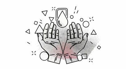 Hands receiving water drop illustration, hygiene and cleanliness concept.