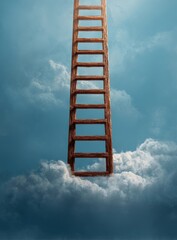 Wooden ladder ascending through clouds into bright, hazy sky