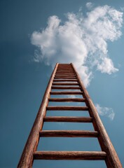 A wooden ladder ascends into a vast blue sky with a single fluffy cloud