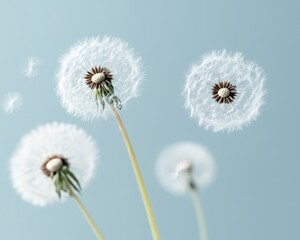 Delicate Dandelion Seeds Floating Against a Soft Blue Background