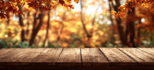 Rustic wooden table in a vibrant autumn forest with warm, blurred foliage