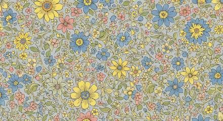 Vibrant floral pattern with yellow and blue flowers.