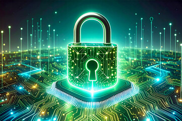 Binary code security concept: digital lock on a futuristic blue technology background of circuit pattern and data light for internet communication