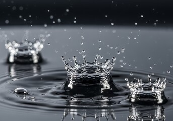 Close-up of water droplets creating crown splashes with ripple effects on liquid surface, concept for purity, refreshment and crystal clarity