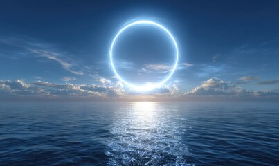 Radiant circle of light hovers above a vast ocean under a cloudy sky