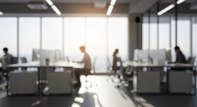 Blurred modern office scene with employees working at their desks. Bright sunlight through windows symbolizes a productive, dynamic business environment