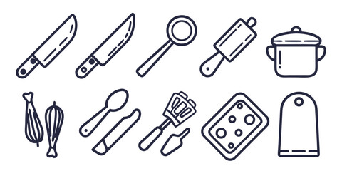 Fototapeta premium A collection of simple line drawings of kitchen utensils and cooking equipment.