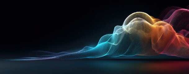 Colorful glowing abstract particle waves flow across a dark reflective surface