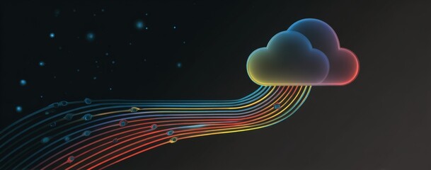 Colorful lines stream from dark background into glowing cloud shapes