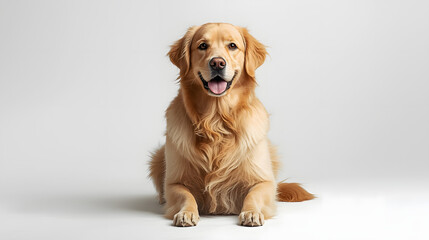 Happy Golden Retriever Dog Sitting and Smiling on White Background