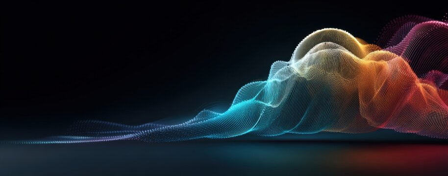 Colorful glowing abstract particle waves flow across a dark reflective surface