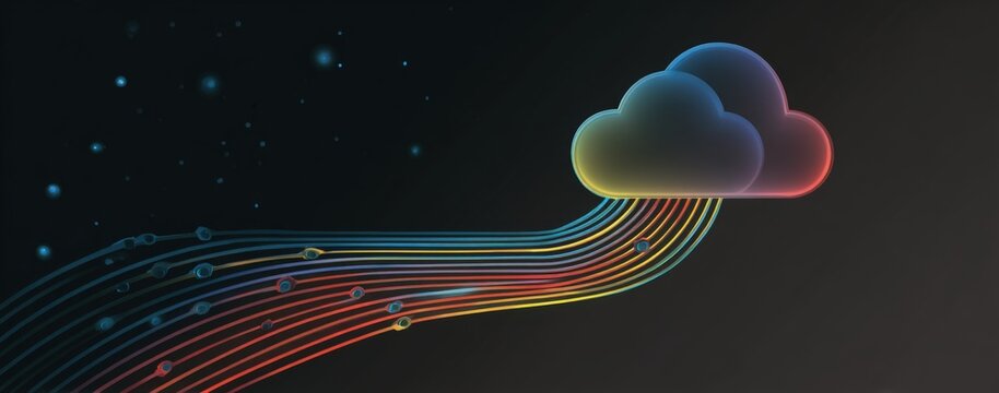 Colorful lines stream from dark background into glowing cloud shapes