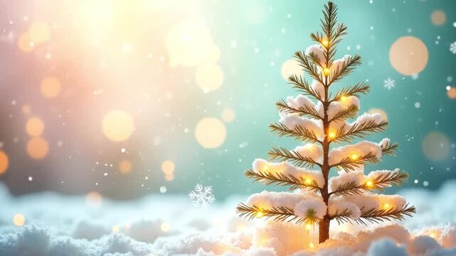 A small Christmas tree adorned with lights stands in a snowy landscape. Soft bokeh effects create a warm, festive atmosphere.