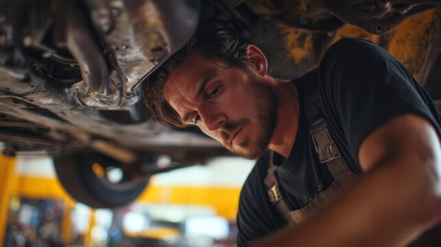 A dedicated mechanic is working under a car, carefully inspecting and repairing its components as he focuses on the intricate details. The mechanic's concentration reflects his exp