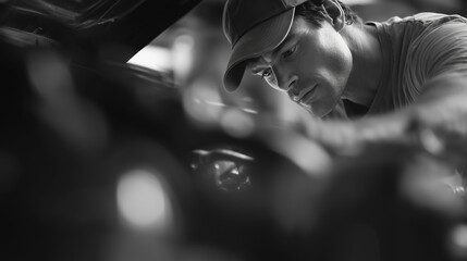 A focused mechanic is diligently working on a car's engine, paying close attention to every aspect of the intricate repair process. The mechanic’s dedication in the garage highligh