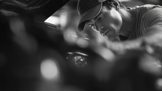 A focused mechanic is diligently working on a car's engine, paying close attention to every aspect of the intricate repair process. The mechanic’s dedication in the garage highligh