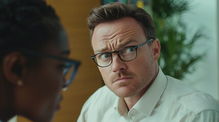 Two people in a tense conversation, highlighting power dynamics and potential gender conflict.