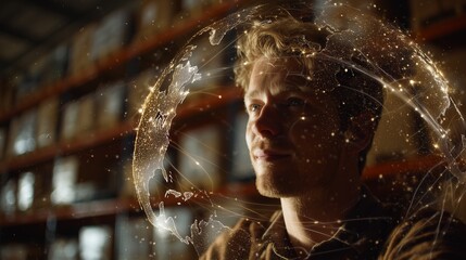 In a well-organized warehouse, a young man is surrounded by animated diagrams of global shipping networks, illustrating the concept of worldwide connections. The scene emphasizes t