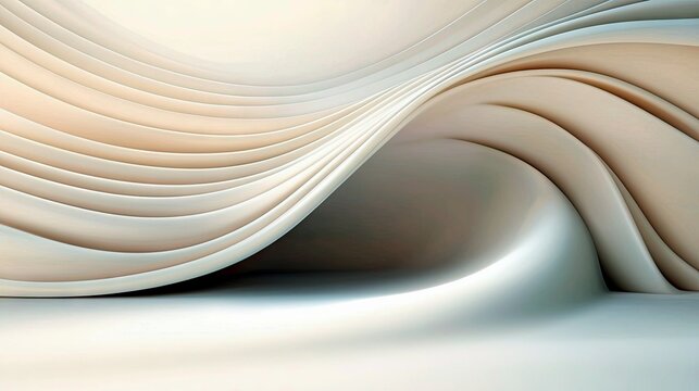 A smooth, abstract composition featuring flowing, layered curves and waves in soft, neutral colors like cream, beige, and light gray. - Powered by Adobe