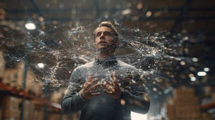In a spacious warehouse, a young man stands engaged with a digital network display hovering around him, symbolizing global shipping connections and logistics. The network represent