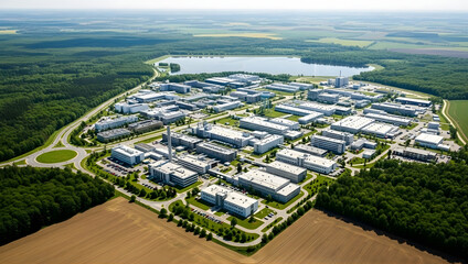 Aerial view of a modern business park surrounded by lush green forests and a tranquil lake