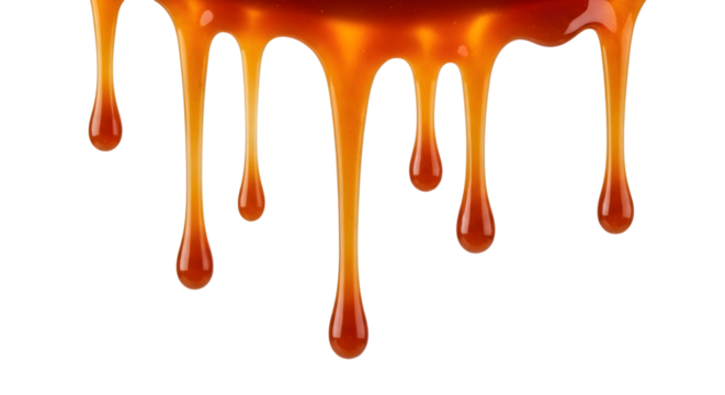 Dripping amber liquid with glossy texture and rounded drops isolated on a transparent background caramel